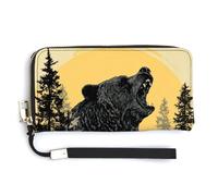 Jubonexis Portafoglio lungo bifold in pelle PU con orso che ringhiano nei boschi, portamonete e carte di credito, porta carte di credito e denaro per donne e uomini