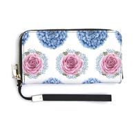 Jubonexis Portafoglio lungo bifold in pelle PU con ortensie blu e rose rosa, portamonete e carte di credito, porta carte di credito e denaro per donne e uomini