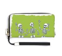Jubonexis Portafoglio lungo bifold in pelle PU con scheletri di Halloween e testo Happy That e Halloween che ballano, portamonete porta carte di credito, custodia per soldi per donne e uomini