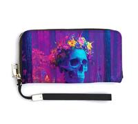 Jubonexis Portafoglio lungo bifold in pelle PU con scheletro della foresta che indossa un fiore colorato, portamonete, porta carte di credito, porta carte di credito per donne e uomini