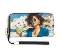 Jubonexis Portafoglio lungo bifold in pelle PU con scritta "Woman Drinking at the Beach", portamonete e carte di credito, porta carte di credito e denaro per donne e uomini, bianco, 20.0*10.5cm