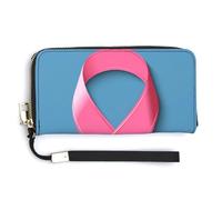 Jubonexis Portafoglio lungo bifold in pelle PU con simbolo della consapevolezza del cancro con nastro rosa su sfondo blu, portamonete, porta carte di credito, porta carte di credito per donne e uomini
