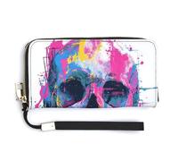 Jubonexis Portafoglio lungo bifold in pelle PU con teschio graffiti con schizzi al neon, portamonete e carte di credito, custodia per carte di credito e denaro per donne e uomini