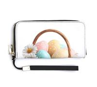 Jubonexis Portafoglio lungo bifold in pelle PU con uova di Pasqua colorate e fiori primaverili, portamonete e carte di credito, porta carte di credito e denaro per donne e uomini