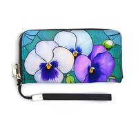 Jubonexis Portafoglio lungo bifold in pelle PU con vetro colorato blu viola del pensiero, portamonete e pass di credito, porta carte di credito resistente per donne e uomini