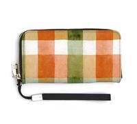 Jubonexis Portafoglio lungo bifold in pelle PU verde salvia arancione con texture a quadri acquerello, portamonete e pass di credito, resistente porta carte di credito per donne e uomini