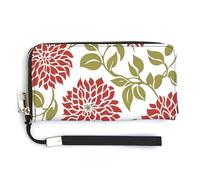 Jubonexis Portafoglio lungo bifold in pelle sintetica con crisantemo rosso e verde oliva, portamonete e carte di credito, porta carte di credito e denaro per donne e uomini