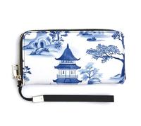 Jubonexis Portafoglio lungo bifold in porcellana blu bianca con paesaggio cinese, pochette in pelle PU, portamonete, porta carte di credito, porta carte di credito e denaro per donne e uomini