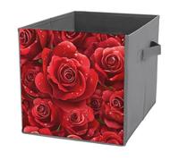 Jubonexis Rose rosse con gocce di rugiada, cubi portaoggetti pieghevoli, decorativi, in tessuto, organizer per la casa con manici per scaffali, armadio, 27 x 27 cm