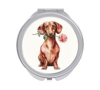 Jubonexis Rosso-marrone Daschund Holding A Rose Donne Pocket Specchi, Ragazze Piccolo Portatile Viaggio Trucco Mini Specchio