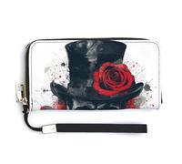 Jubonexis Scary Distressed Skull in Top Hat Red Rose PU pochette lungo bifold portafoglio, portamonete porta carte di credito custodia durevole porta carte di credito per donne uomini