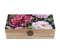 Jubonexis Scatola portaoggetti in legno con peonie rosse e bianche e foglie verdi, con coperchio incernierato e chiusura frontale, grande scatola dei ricordi