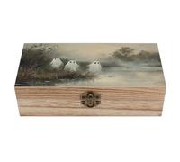 Jubonexis Scatola portaoggetti in legno vintage con simpatico fantasma in piedi vicino alla riva del fiume, con coperchio incernierato e chiusura frontale, grande scatola dei ricordi