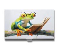 Jubonexis Simpatica rana verde con occhiali, libro da lettura, porta biglietti da visita, tasca sottile, in metallo, per donne e uomini