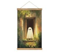Jubonexis Simpatico fantasma che sbircia una vecchia finestra da giardino su tela con cornici in legno per appendere poster da appendere alla parete