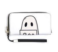 Jubonexis Simpatico fantasma che tiene un cartello Boo Minimalista Pochette in pelle PU lungo bifold portafoglio, portamonete porta carte di credito custodia durevole porta carte di credito per donne