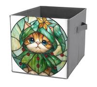 Jubonexis Simpatico gattino vestito come un albero di Natale, cubi portaoggetti cubici pieghevoli decorativi in tessuto cestini portaoggetti per la casa con manici per scaffali, armadio, 27 x 27 cm
