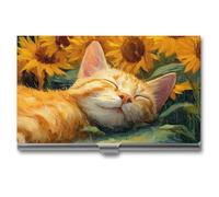 Jubonexis Simpatico gatto arancione nel campo di girasoli porta biglietti da visita, tasca sottile in metallo custodia per biglietti da visita per donne e uomini