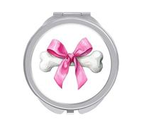 Jubonexis Specchietti tascabili da donna a forma di osso di cane bianco con un grande fiocco rosa, piccolo specchio portatile da viaggio per ragazze