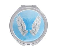 Jubonexis Specchietti tascabili da donna con ali d'angelo bianche ad acquerello su blu pallido, piccolo specchio portatile da viaggio per ragazze