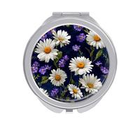 Jubonexis Specchietti tascabili da donna con margherite bianche e fiori di campo viola, piccolo specchio portatile da viaggio per ragazze