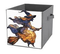 Jubonexis Stained Glass Black Witch seduto su scopa cubi portaoggetti cubi portaoggetti pieghevoli decorativi in tessuto cestini portaoggetti con manici per scaffali, armadio, 27 x 27 cm