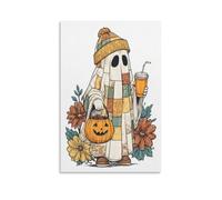 Jubonexis Stampa artistica da parete su tela con cappello invernale, simpatico fantasma Dringk, zucca di Halloween, decorazione artistica da parete per soggiorno, casa colonica, senza cornice, 30 x 45