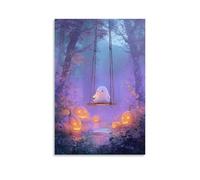 Jubonexis Stampa artistica da parete su tela con fantasma intagliato a tema Halloween con foresta di zucche e foreste, per soggiorno, casa colonica, senza cornice, 30 x 45 cm