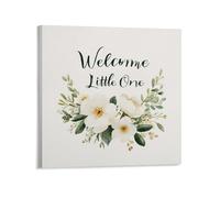 Jubonexis Stampa artistica da parete su tela con motivo floreale color avorio, con scritta "Welcome Little One", per soggiorno, casa colonica, senza cornice, 40 x 40 cm