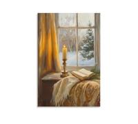 Jubonexis Stampa artistica da parete su tela, motivo: candela della vigilia di Natale sul davanzale della finestra, per soggiorno, casa colonica, senza cornice, 30 x 45 cm