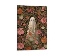 Jubonexis Stampa artistica da parete su tela, motivo fantasma bianco retrò, con fiori colorati, per soggiorno, casa colonica, senza cornice, 30 x 45 cm