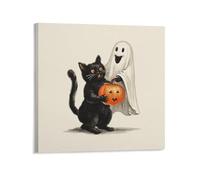 Jubonexis Stampa artistica da parete su tela, motivo: fantasma con gatto nero in possesso di zucca, stile vintage, decorazione per soggiorno, casa colonica, senza cornice, 40 x 40 cm