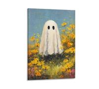 Jubonexis Stampa artistica da parete su tela, motivo: fantasma in campo di fiori selvatici, stile vintage, per soggiorno, casa colonica, senza cornice, 30 x 45 cm