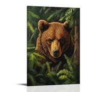 Jubonexis Stampa artistica da parete su tela, motivo: orso bruno in una fitta foresta verde, immagine estetica per soggiorno, casa colonica, cornice 30 x 45 cm