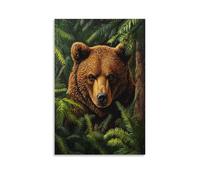 Jubonexis Stampa artistica da parete su tela, motivo: orso bruno in una fitta foresta verde, per soggiorno, casa colonica, 30 x 45 cm, senza cornice