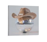 Jubonexis Stampa artistica da parete su tela, motivo: palla da discoteca con cappello da cowboy, per soggiorno, casa colonica, 40 x 40 cm