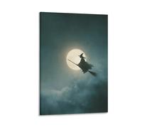Jubonexis Stampa artistica da parete su tela, motivo: strega sul suo manico di scopa con luna piena, per soggiorno, casa colonica, senza cornice, 30 x 45 cm