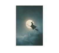 Jubonexis Stampa artistica da parete su tela, motivo: strega sul suo manico di scopa con luna piena, per soggiorno, casa colonica, senza cornice, 30 x 45 cm