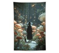 Jubonexis Strega gatto nero nella foresta fiori funghi arazzo in poliestere estetico da appendere alla parete camera da letto soggiorno dormitorio decorazione 101,6 x 152,4 cm