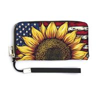 Jubonexis Sunflower with a American Flag PU Leather Clutch Long Bifold Portafoglio, Portamonete Porta Credito Pass Caso Durevole Porta Carte Deposito per Soldi per Donne Uomini