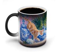 Jubonexis Tabby Cat Jumping Chinoiserie Vaso Cambia Colore Tazze che Cambia Calore Tazza in Ceramica Tazza da Caffè Novità Divertente Tazza da Tè Acqua 325 ml