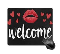 Jubonexis Tappetino per mouse con testo di benvenuto e rossetto rosso, piccolo tappetino per mouse da ufficio per scrivania e laptop, con base in gomma antiscivolo, tappetino per mouse da gioco