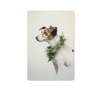 Jubonexis Targa in metallo con cane terrier che indossa una ghirlanda di Natale, decorazioni artistiche da parete per bar, pub, club, caffetteria, fattoria, bianco, 30 x 20 cm