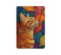 Jubonexis Targa in metallo con gatto a strisce arancioni, decorazione artistica da parete per bar, pub, club, caffetteria, fattoria, bianco, 30 x 20 cm