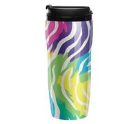 Jubonexis Tazza da caffè con coperchio a doppia parete in plastica a doppia parete con motivo zebrato e leopardo arcobaleno, 350 ml