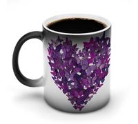 Jubonexis Tazza da caffè in ceramica cambia colore a forma di cuore con farfalle viola, tazza da caffè divertente da 325 ml
