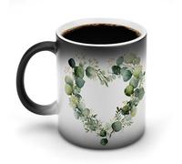 Jubonexis Tazza da caffè in ceramica cambia colore a forma di cuore con ghirlanda floreale ad acquerello foglie di eucalipto tazza da caffè in ceramica divertente tazza da tè acqua 325 ml
