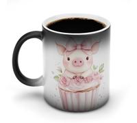 Jubonexis Tazza da caffè in ceramica cambia colore a forma di maiale con cupcake e fiori rosa, 325 ml