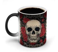 Jubonexis Tazza da caffè in ceramica cambia colore astratto con teschio e rosa, tazza da caffè divertente da 325 ml