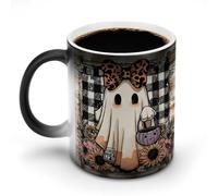 Jubonexis Tazza da caffè in ceramica cambia colore con fantasma, leopardo, fiocco, zucca, caramelle, secchiello, tazza da caffè, 325 ml